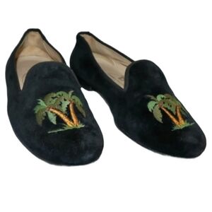Stubbs and Wootton Black Velvet Slippers with Palm Tree Embroidery 6.5